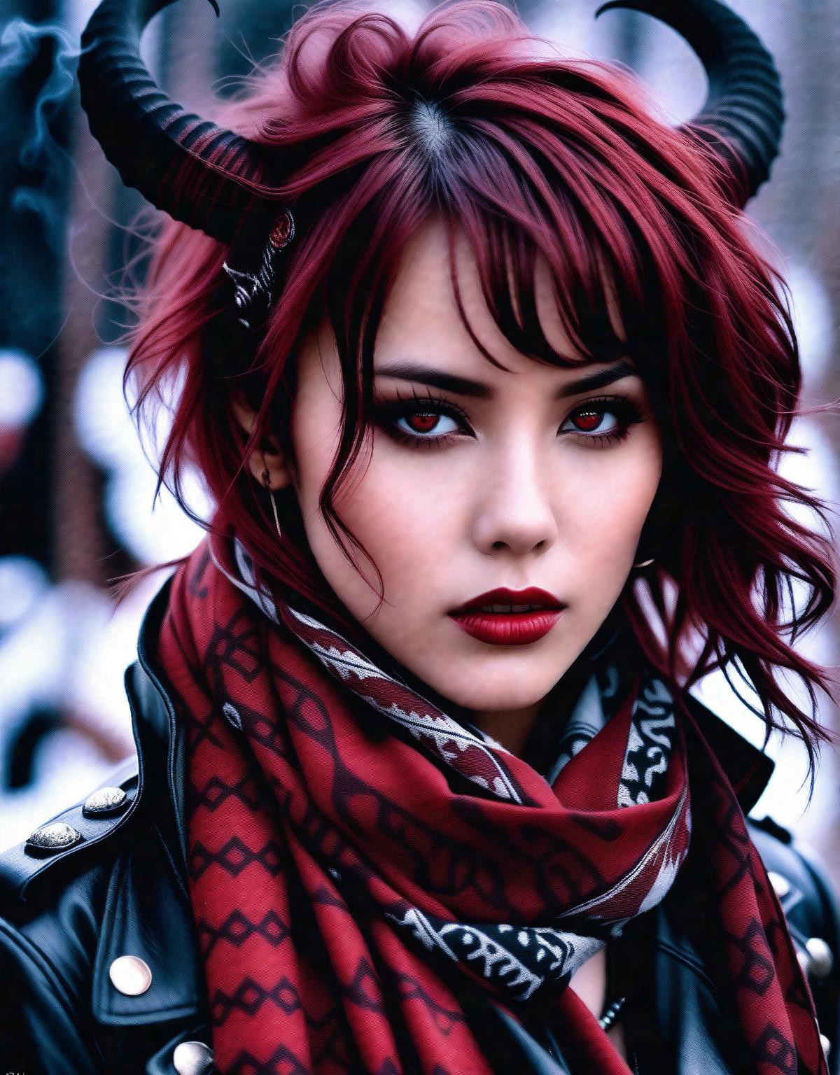photograph, punk young_female_demon, red skin tone, (VAE batch), dark eyesLight hair styled as Wavy, Horns, Scarf, Lonely,...